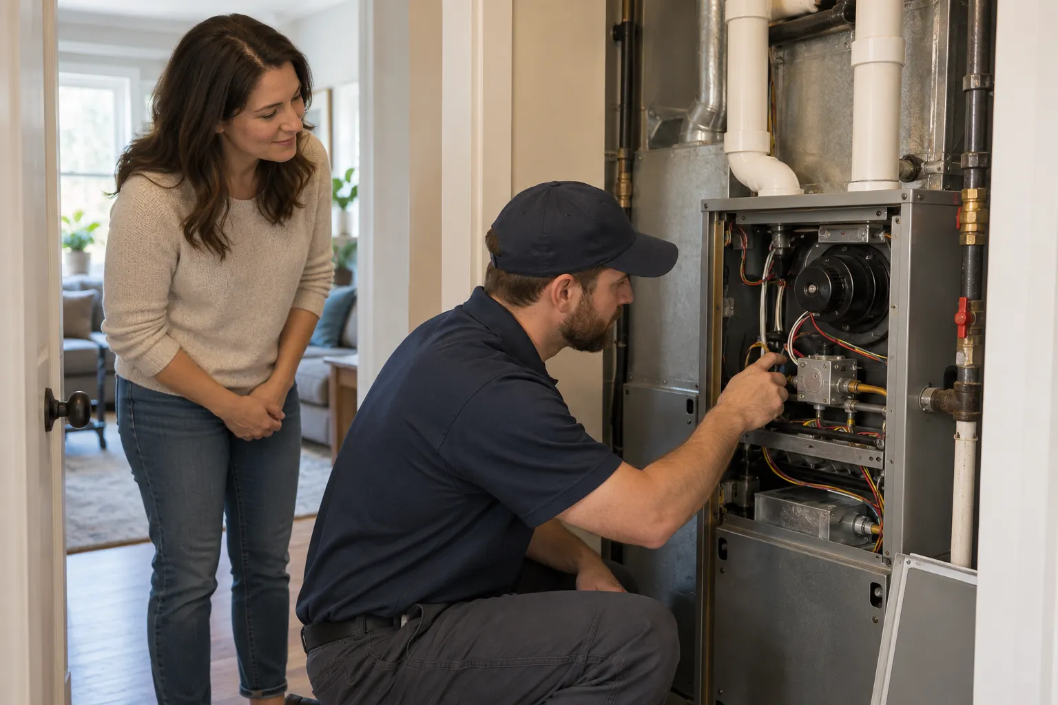 A provider checking a furnace in a home near Carbonado