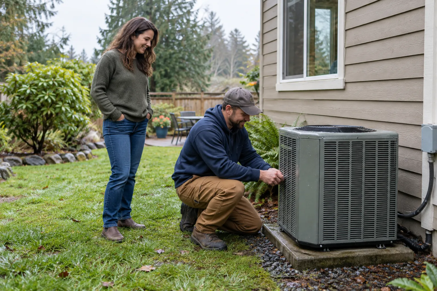 A homeowner talking with an HVAC provider beside an outdoor AC unit in Carbonado
